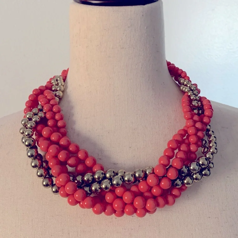 Coral Pink & Gold Braided Bead Statement Necklace